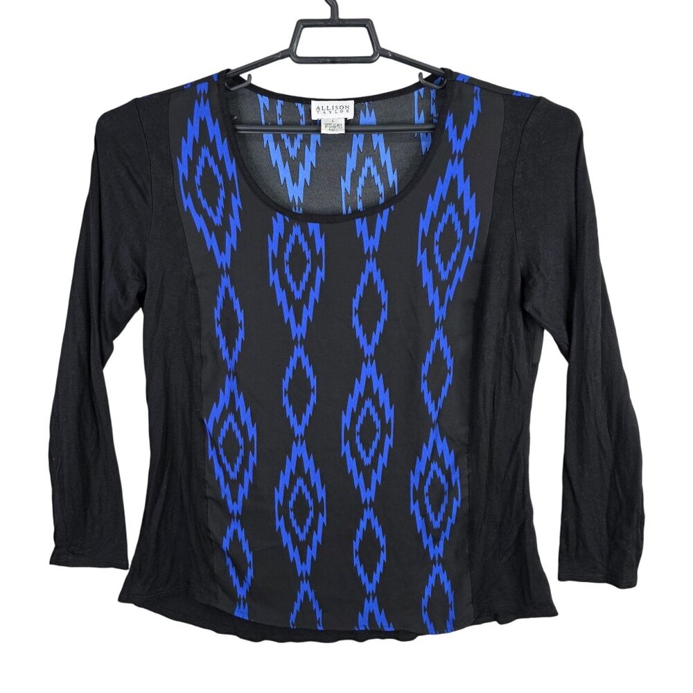 Womens Allison Taylor Black & Blue Blouse Round Neck Long Sleeve Size L